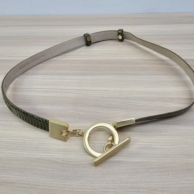 Snakeskin Belt Womens M Green Genuine Leather Gold Toggle Skinny Slim Quiet Luxe - Image 1 of 4