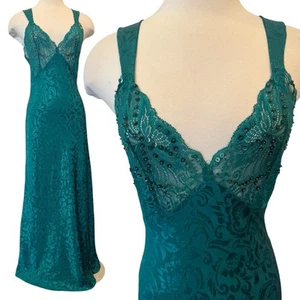 90s Victoria’s Secret Lace Green Satin Jacquard Vintage Maxi Gown Slip Dress M - Picture 1 of 10
