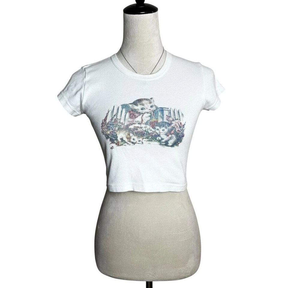 Brandy Melville Y2K Cat Graphic Baby Tee | Cropped Top S | Ashlyn Kitten Top - Image 1 of 4