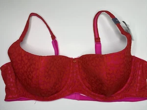 Cacique Lightly Lined Sexy Scoop Balconette Bra Red Leopard Lace Hot Pink 44C Ne - Picture 1 of 10