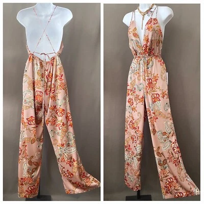 Mono Halter Rosa Polvoriento Floral Estampado Paisley, Bolsillos de Pierna Completa de Poliéster Sedoso Nuevo con Etiquetas Foto 1 de 4