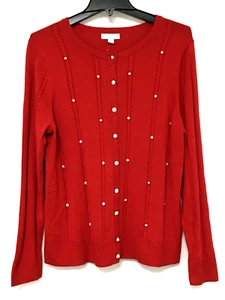 Charter Club Women's Petite Size PXL Ravishing Red Embellished Trim Cardigan - Picture 1 of 9