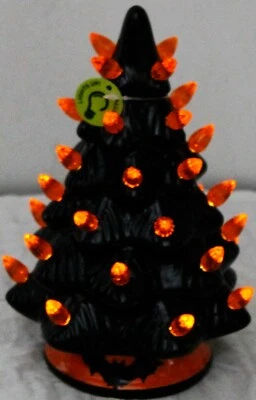 NEW Ashland Black Ceramic Small Halloween Tree 8.5" Orange Lights Up Retro