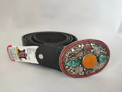 Cinturón Tibetano Plata Hebilla Cuero Cintura Trampa Turquesa Coral Clase, B44 Foto 1 de 3
