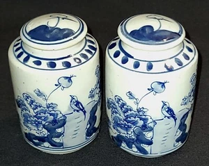 Old Chinese Tea Jars Tobacco Ginger Pottery Ceramic Blue White Hand Painted 3.5" - Picture 1 of 8