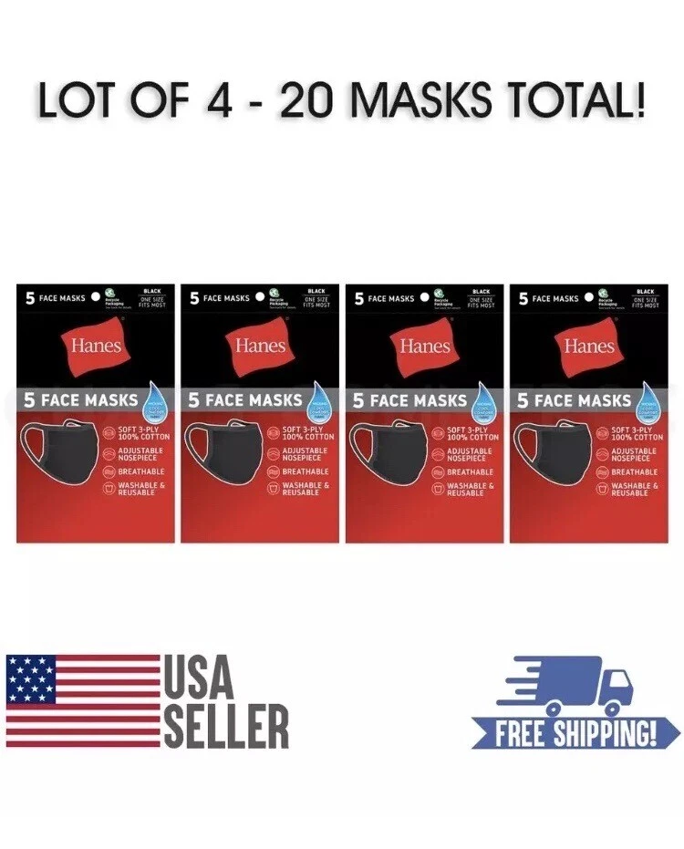Lot of 4 Packs (20 Masks) Hanes Black 100% Cotton Face Mask Washable Reusable - Image 1 of 1