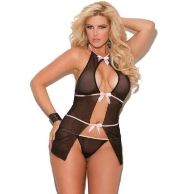 Peek A Boo Babydoll Rosa Arcos Frente Abierto Malla Transparente Panty Set 4117 Talla Grande 1X Foto 1 de 4