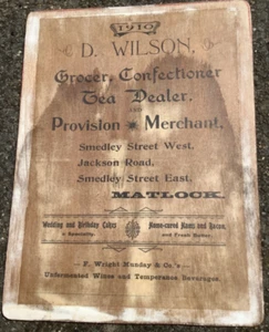 Letrero publicitario en madera Wilson Grocer Smedley Street Matlock 1910 D - Imagen 1 de 1