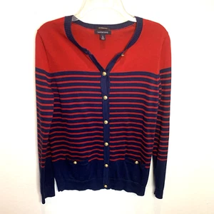 Lands' End Sweater Women's Sz Small Navy Blue Red Striped Cardigan Cotton Anchor - Picture 1 of 4