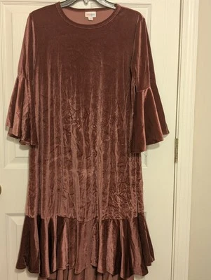  Vestido Lularoe Maurine M Terciopelo Volantes Manga Campana Midi Rojo Marrón Foto 1 de 4