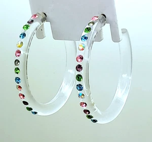 E183 SLIM CLEAR PLASTIC HOOP WITH SUMMER MULTI COLOR RHINESTONE FASHION EARRINGS - Picture 1 of 6
