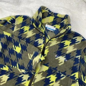 Columbia Houndstooth Green Yellow Camo Print Fleece Jacket Kids 18-20 - Picture 1 of 9