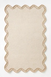 Cream Scallop Edge Area Rug 9x12 ft Hand-Tufted Carpet Modern Wavy Border Soft - Picture 1 of 3