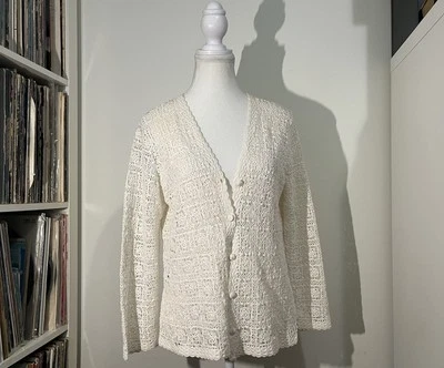 Cárdigan de encaje hippie 100 % algodón marfil hecho a mano vintage años 60 Shanghai para mujer L Foto 1 de 4