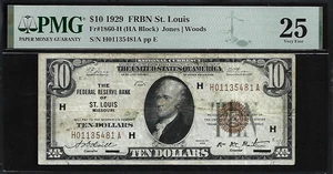 US 10 Dollars 1929 St. Louis PMG 25 Fr #1860-H FRBN Jones/Woods HA Block - Picture 1 of 4