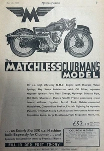 MATCHLESS CLUBMAN 350cc - ORIGINAL 1935 WERBUNG 27cm x 20cm - Bild 1 von 4