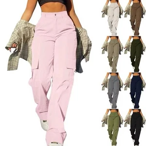 Women's Loose Cargo Pants High Waist Wide Leg Solid Color Full Length Trousers - Picture 1 of 1