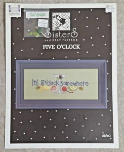Sisters & Best Fiends FIVE O'CLOCK Cocktails Bar cross stitch chart & button, PG - Picture 1 of 4