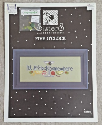 Sisters & Best Fiends FIVE O'CLOCK Cocktails Bar cross stitch chart & button, PG - Image 1 of 4