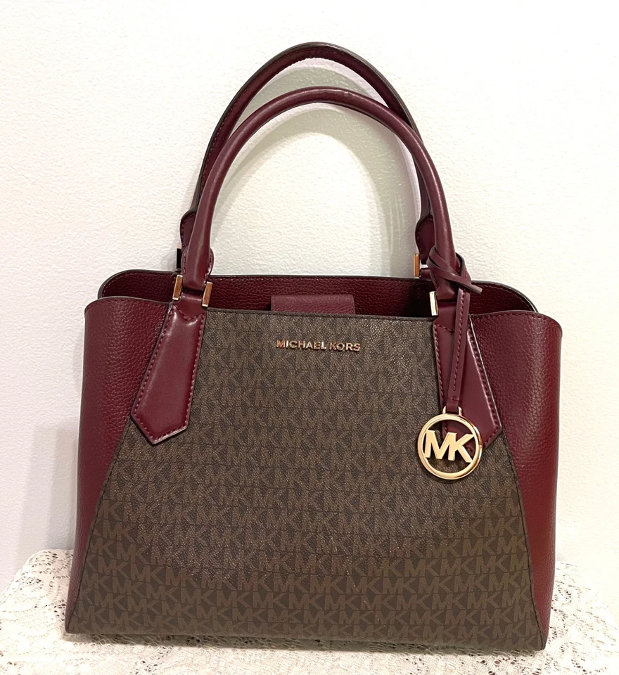 MICHAEL KORS Kimberly Signature EW Satchel Burgundy & Brown Leather 35F9GKFS7V - Image 1 of 4
