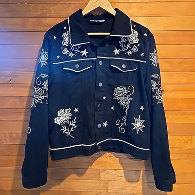 Chaqueta Rockabilly Western Glam Bordada Grande Negra Blanca Rosas Vaquera Sin Reserva Foto 1 de 4