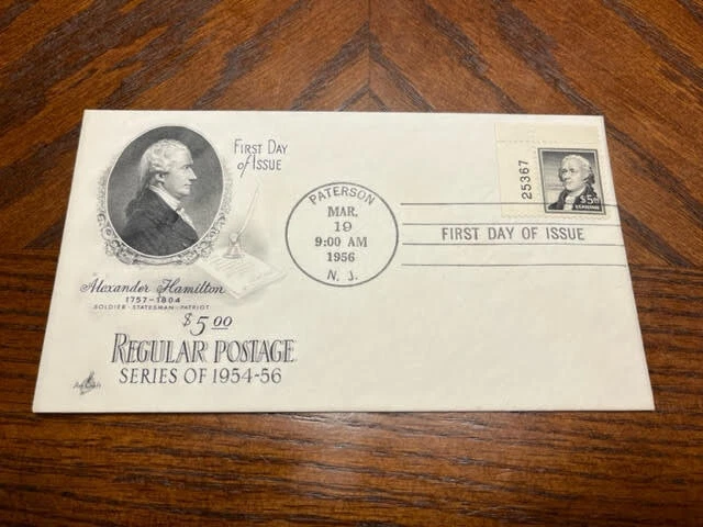 US FDCs - 1950 s - Scott 1053 - Liberty - Alex Hamilton $5 with plate number - Image 1 of 1