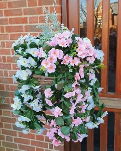 Künstlicher Hängekorb Blumen Pflanzen Schlepprose Garten Efeu Farn Gras Topf - Bild 1 von 12