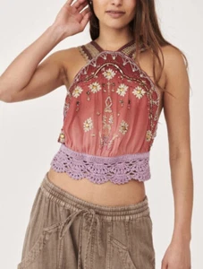 NEW Free People Hi There Halter Top XS Crochet w/ Beading Z230-24 - Picture 1 of 4