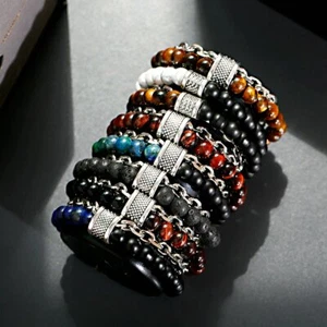 Fashion Natural Map Tiger Eye Stone Bead Stainless Steel Mens Bracelets Jewelry - Picture 1 of 106