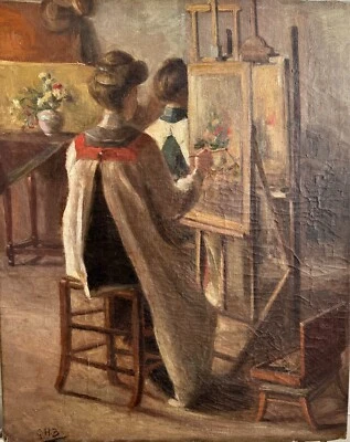 Ecole européenne Vers 1900 - Femmes Peintres à l'Atelier - Monogramme Ghb - Imagen 1 de 4