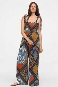 H&M Wide Leg Paisley Print Jumpsuit Size 4 Tie Shoulder Strap Smocked Bodice - Picture 1 of 12