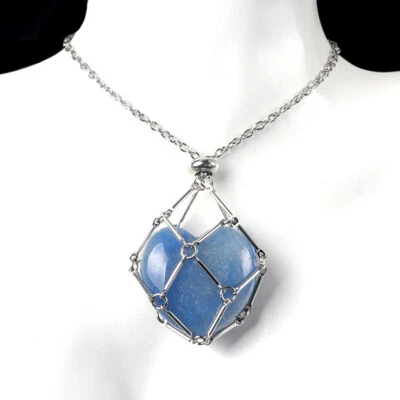 Metal Joint Woven Net Natural Blue Aventurine Heart Pendant Adjustable Necklace - Image 1 of 4