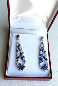 Simulated Sapphire and Diamonds Hanging Earrings in Rhodium Over Sterling Silver - Picture 1 of 16