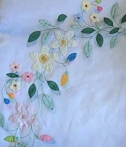 Vintage Blue Organdy With Colorful Linen Applique Tablecloth Embroidered 68"x88" - Picture 1 of 15