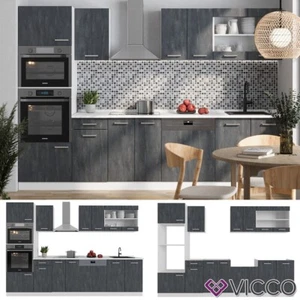 Küchenzeile R-Line 300 cm Schwarz Beton Weiß mit Arbeitsplatte Eiche Vicco - Bild 1 von 9