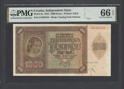 Croatia 1000 Kuna 1941 P4a Uncirculated Grade 66  - Image 1 of 2
