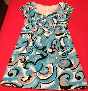 MADISON LEIGH BLUE, WHITE, & BLACK RETRO PAISLEY MINIDRESS SIZE 6 -SLIM FIT - Picture 1 of 3