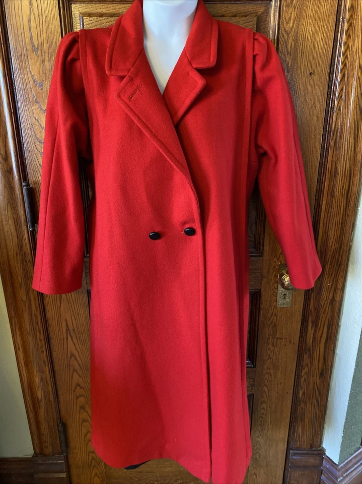 Vintage 1980's LADY SUZETTE Long Red Wool Blend USA Union Made COAT, Size Large - Image 1 of 4