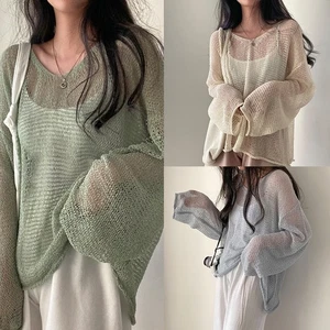 Lightweight Hollow Knit Sun Protection Top for Women Spring Summer Wear - Picture 1 of 17