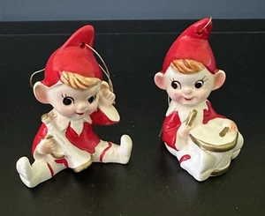 Vintage INARCO Christmas Pixie Elf Band Ornament Ceramic 2.5” Set Of 2 Japan - Picture 1 of 10