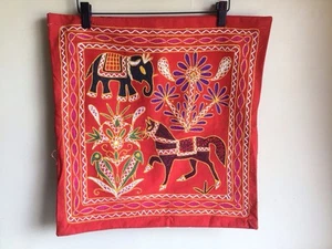 Vintage India Folk Art Red Embroidered Elephant Horse Square Throw Pillow Cover - Picture 1 of 7