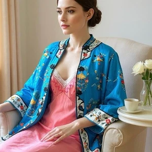 Vintage Chinese Embroidered Silk Jacket Robe Esme Blue Floral Frog Closure 60s - Picture 1 of 21