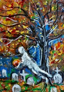 ORIGINAL ACEO Gemälde Halloween GEIST Baum Herbst Kürbis Geist Engel ATC ART - Bild 1 von 1