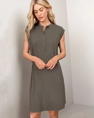 Vestido Camisa Eileen Fisher Jersey Fino Cuello Mandarín Talla L Verde Arboleda Nuevo sin Etiquetas Foto 1 de 4
