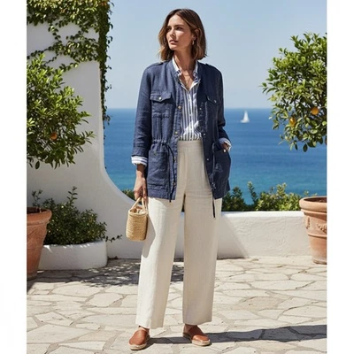 Chico's Jacket 2 Women L 12 Blue Linen Safari Snap Zip Coat Coastal Quiet Luxury - Image 1 of 4