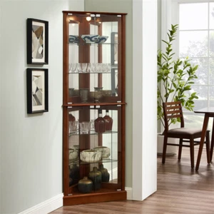 Corner Curio Display Cabinet Rustic Walnut Glass Door 6 Shelf Cupboard w/Lights - Picture 1 of 17