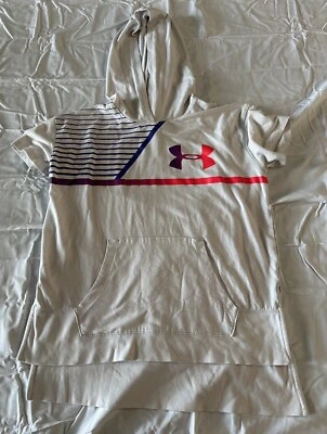 Under Armour Hooded Shirt Girls YLG Short Sleeve Logo Striped Loose Pocket White - Image 1 of 2