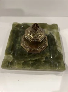 Antique Brass Baroque Style Square Inkwell green Onyx base - Picture 1 of 10