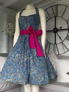 Joe Browns Blue Floral Sash Belted Fit & Flare 100% Cotton Halterneck Dress 20 - Picture 1 of 7