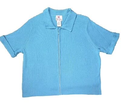 Quacker Factory Cardigan Sweater 3X Aqua Blue Full Zip Short Sleeves Rhinestones - Image 1 of 4
